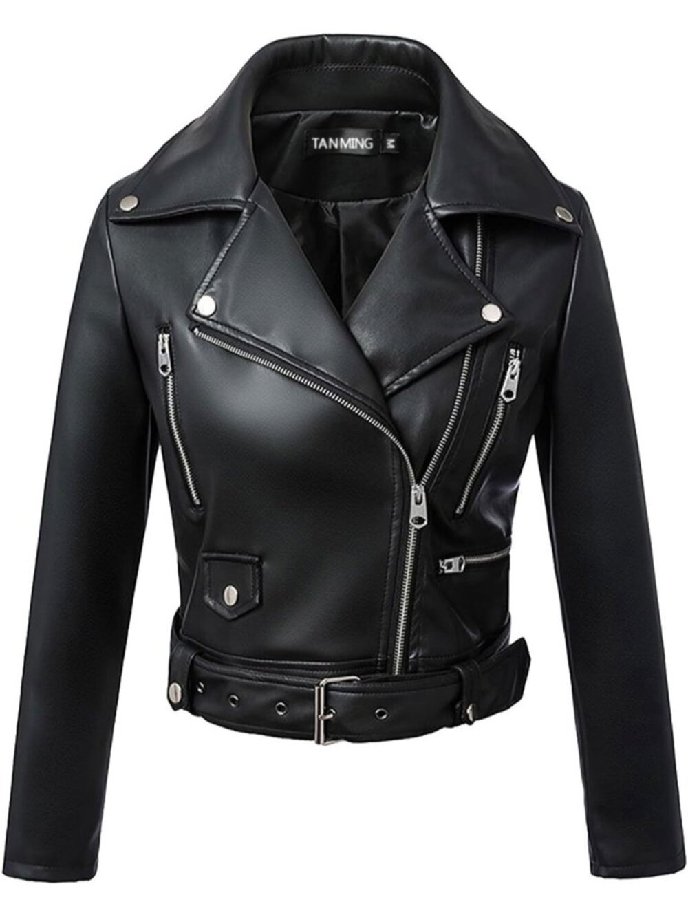 Women's Black 4 Faux Leather Moto Biker Jacket Slim Fit Zip Up Casual Short Coat